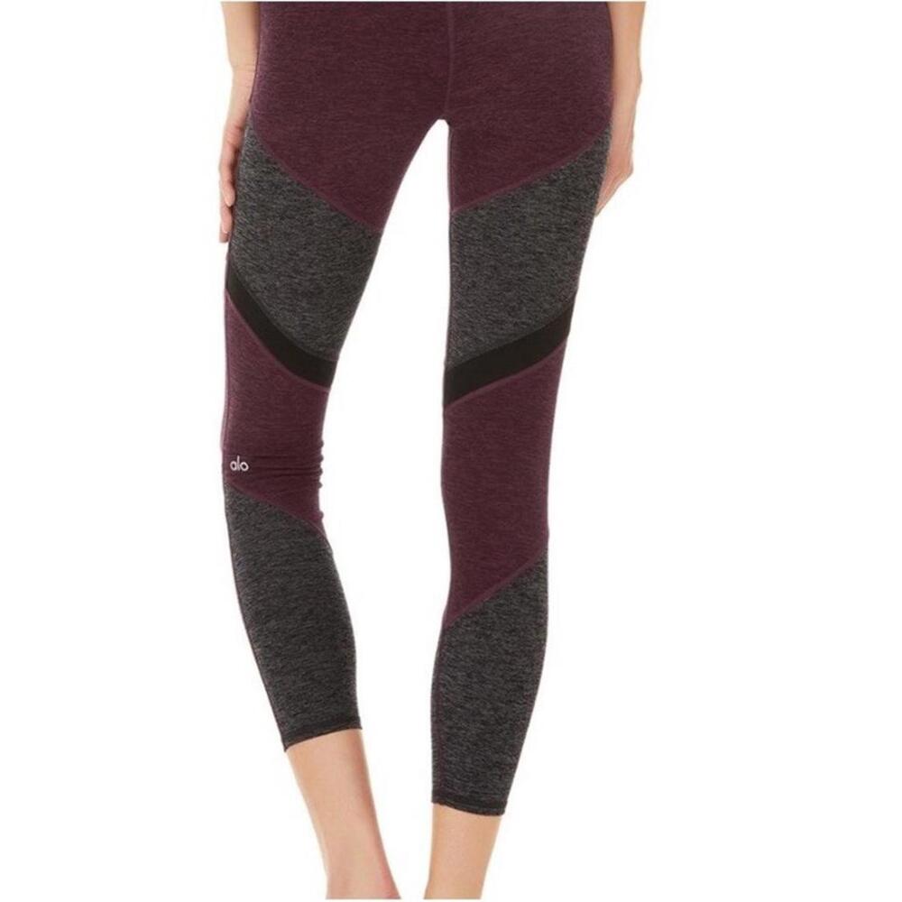 ALO Yoga Leggings Striped Gray/maroon Women Medium Ribbed Waist Fall Dark Goth - Picture 7 of 16